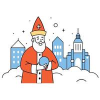 The magician. Saint Nicholas. holds a magic ball in his hands against the backdrop of a snowy city. vector