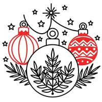 A red background with christmas decorations and fir branches on it vector