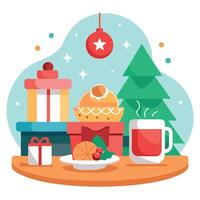 Background with christmas breakfast with decorations on a table vector