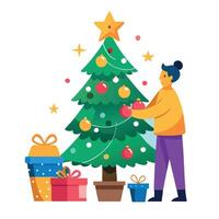 Decorating a Christmas tree with lights gifts and pine cones vector