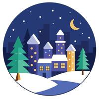 Winter night city background with snow and christmas trees vector