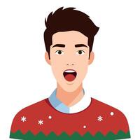 Portrait of a handsome young man with christmas sweater and wide open mouth vector