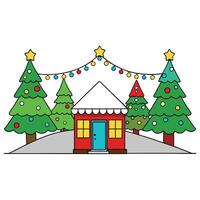 Pin trees decorated with lights on Christmas street background vector