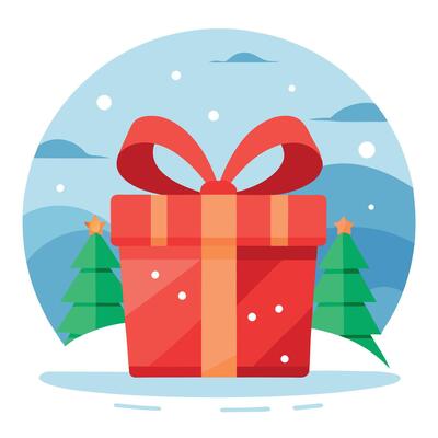 Hazy holiday lights on a snowy backdrop behind a Christmas present wrapped in red ribbon.