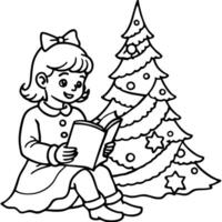 A little girl reading a book in front of a christmas tree vector
