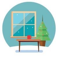 Table space in front of defocused window sill with christmas tree vector