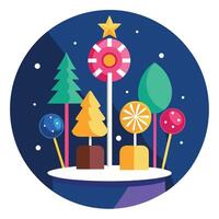 Colorful christmas centerpiece of candy and christmas trees on sticks in a dark blue background vector
