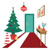 Hallway with Christmas decorations and lamp table. retro style vector