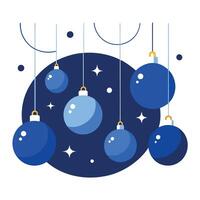 A group of blue christmas balls hanging from a string on a dark background. vector