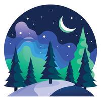 Night christmas trees with northern lights. focus on foreground. neural network generated art vector