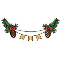 Christmas long banner. Pine tree branches garland with cones on transparent background vector