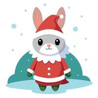 Little tiny bunny dressed up as Santa Claus on snowing vector
