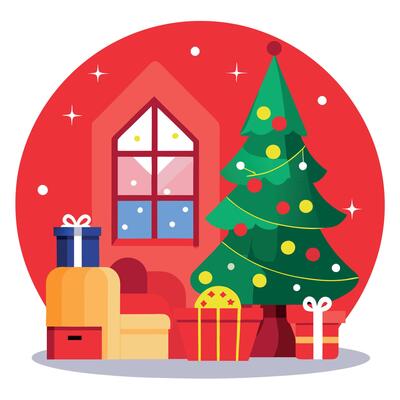 Red cozy modern Christmas room interior with decorated Xmas tree and presents