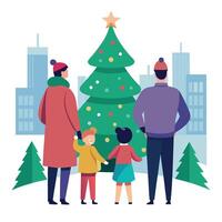 Back view of happy family looking at chistmas tree in the square of big city during Christmas time vector