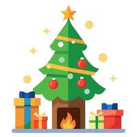 Christmas tree with fireplace and stockings for xmas promotion vector