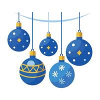 A group of blue christmas ornaments hanging from a line on a string. vector