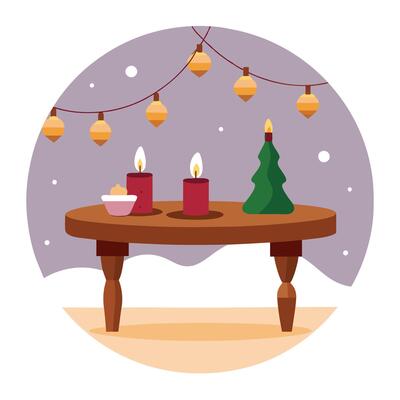 A wooden table topped with candles and christmas lights. Winter festive background.
