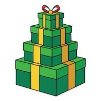 A stack of green and gold christmas presents stacked up high vector