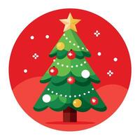 Red Christmas tree with lights and ornaments on red background. vector