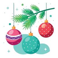 Decorative christmas baubles hanging from snowy fir branch. Bokeh background. vector
