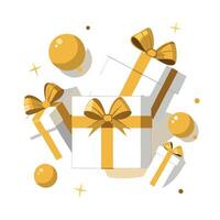 Gifts with golden ribbon and gold balls on white background vector
