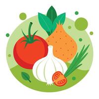 Tomatoes. onions. garlic. and parsley on a green surface. vector