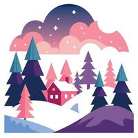 Pink christmas trees and houses in a forest at sunrise in a snowy sceney with clouds. illustration vector