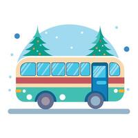 Decorated city bus in the snow with a christmas tree in the background vector