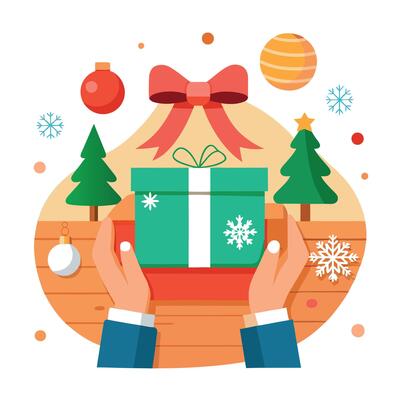 Hands holding a Christmas gift. which is on a wooden table with Christmas decorations.