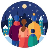 Image of back view on a family enjoying the view of the Christmas decorated city at night vector