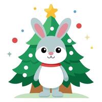 Cute little rabbit on the background of the christmas tree. bunny on the christmas background vector