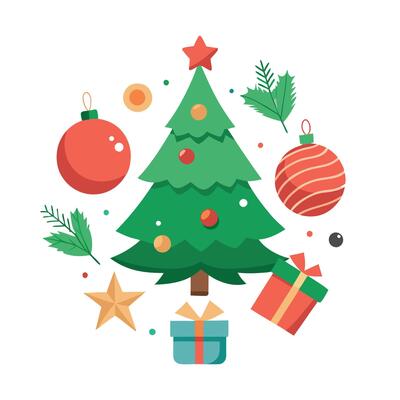 Festive Christmas or New Year white background with decorations and a fir tree. Top view.