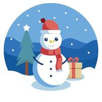 Create a snowman scene with the gift in a snowy landscape. vector
