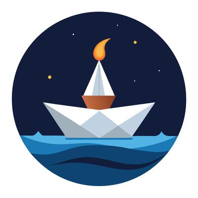 A candle in an origami boat. Paper origami sailboat on the water at night. bokeh image