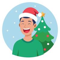 A man in a santa hat is laughing in front of a christmas tree. vector