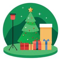 Backdrop for studio photo. christmas tree and gifts on green background vector