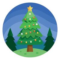 Christmas tree with lights in a christmas forest background vector