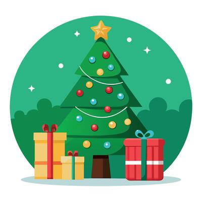 Christmas tree with Christmas gifts box decoration on floor green wall room background. AI generate