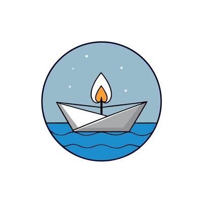 A candle in an origami boat. Paper origami sailboat on the water at night. bokeh image