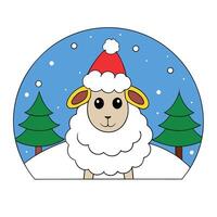 Close-up of a sheep with santa hat. christmas trees and decorations in the snow. winter night scene vector