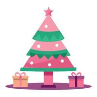 A pink christmas tree with presents under it on a table. vector