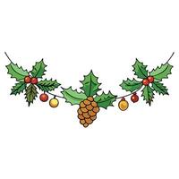Christmas garland of evergreen tree pine and holly berries and cones on isolated white background vector
