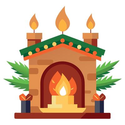 Fireplace with burning candles during christmas .holiday
