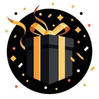 Top view giftbox with black ribbon and golden confetti isolated black background vector