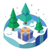 Gift box and christmas trees in snowy landscape 3d rendering vector
