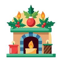 A mantel with candles and christmas decorations on top of it. vector