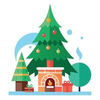 Holiday able with christmas tree and fireplace with copy space vector