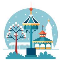Winter scene at Tivoli Gardens. Copenhagen. with snow-clad tree and carousel in the background. vector