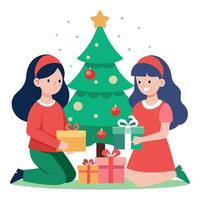 Two sisters open presents on Christmas day in front of the christmas tree vector