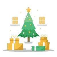 White and gold presents with Christmas tree in the living room vector